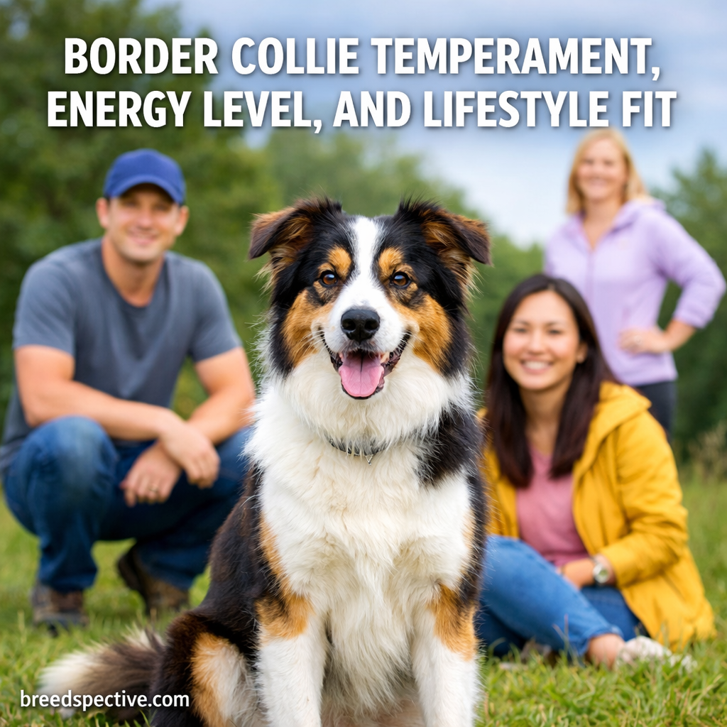 Border Collie sitting outdoors with people, representing temperament, energy level, and lifestyle fit.