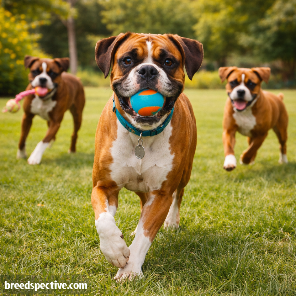 Boxer dogs of different ages playing fetch in a sunny park, showing high energy, athleticism, and playful behavior.