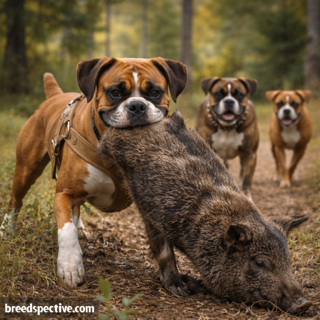 Boxer dogs of different ages working together in a forest setting, illustrating the breed’s original purpose as a powerful hunting and working dog.