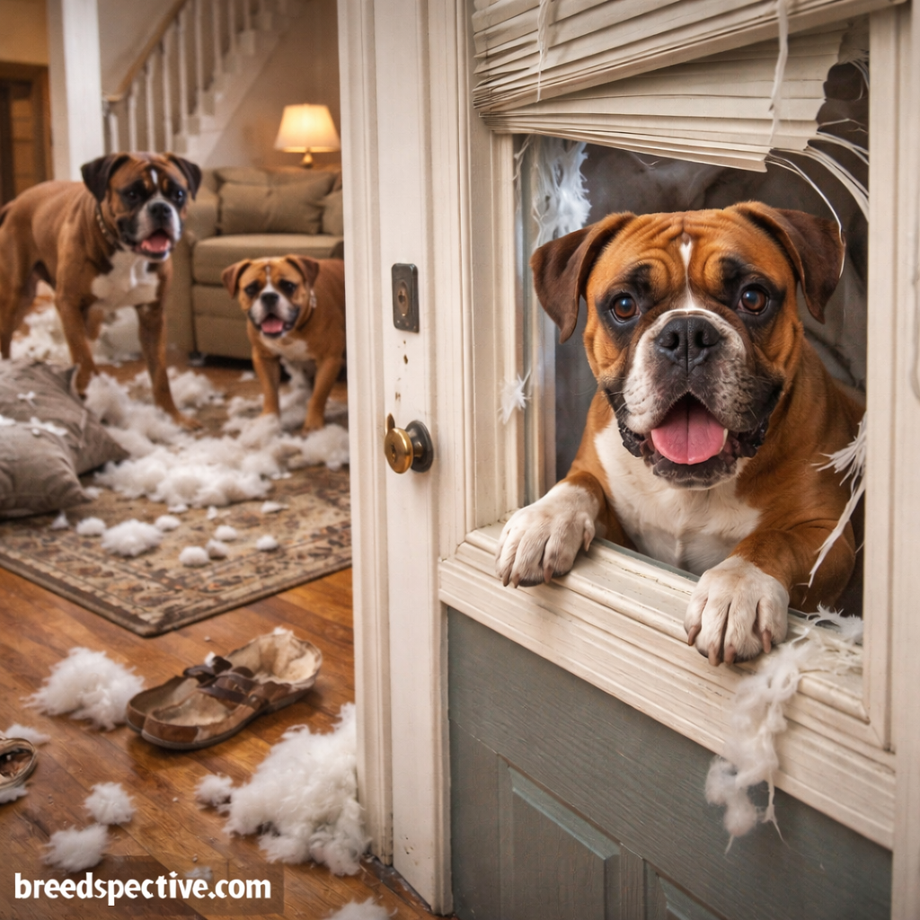 Boxer dogs of different ages inside a home showing destructive behavior and anxiety, including torn cushions and restless body language.