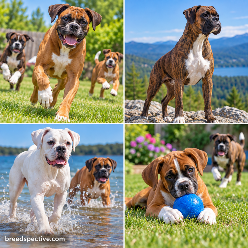 Boxers of different ages running, playing fetch, exploring outdoors, and exercising in varied settings.