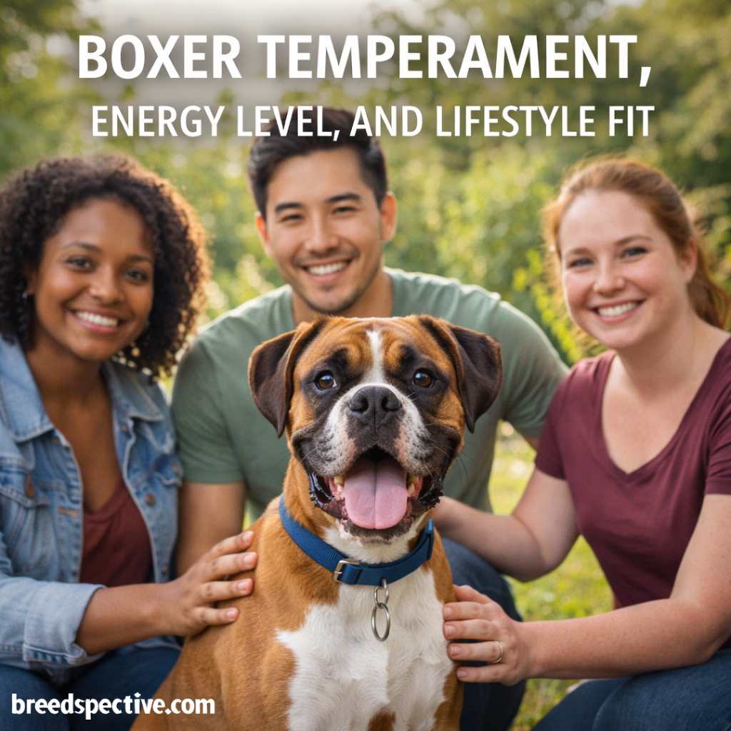 Boxer dog sitting outdoors with three adults, showing friendly temperament, high energy, and strong social connection with people.