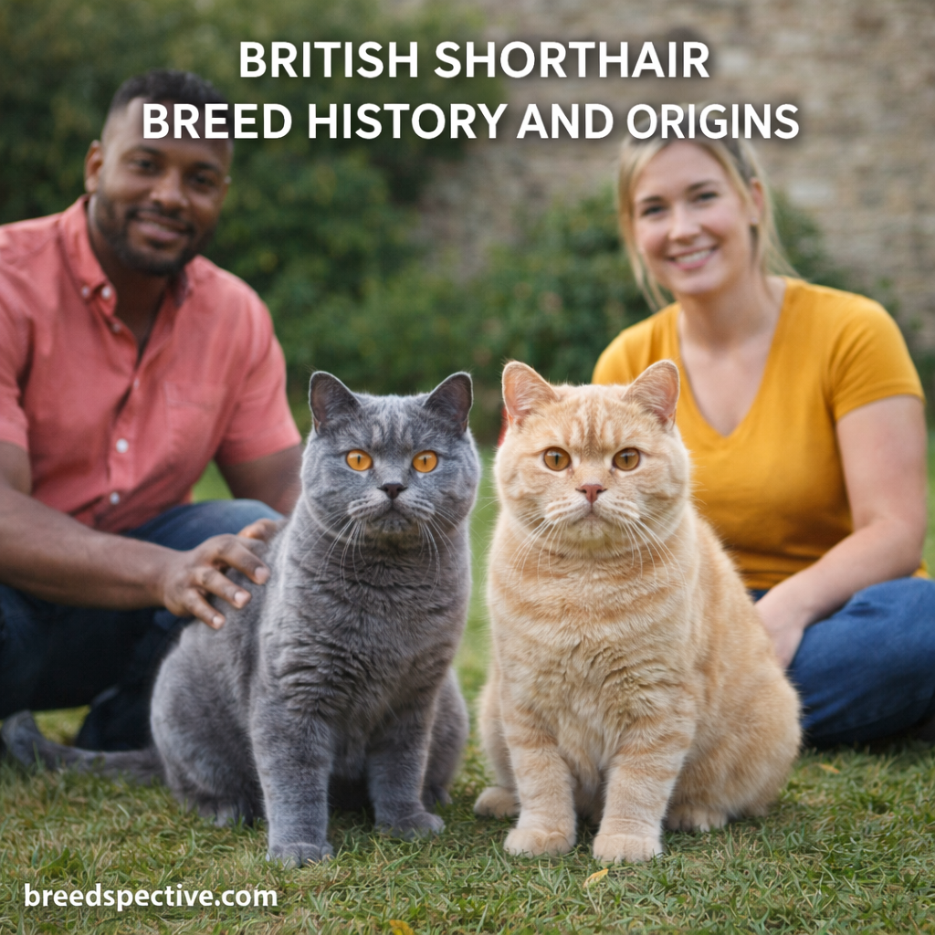British Shorthair cats with owners outdoors, representing the breed’s historical origins and development.