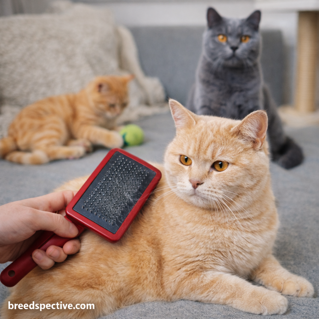 British Shorthair cats of different ages indoors, showing brushing of the dense coat as part of routine grooming care.