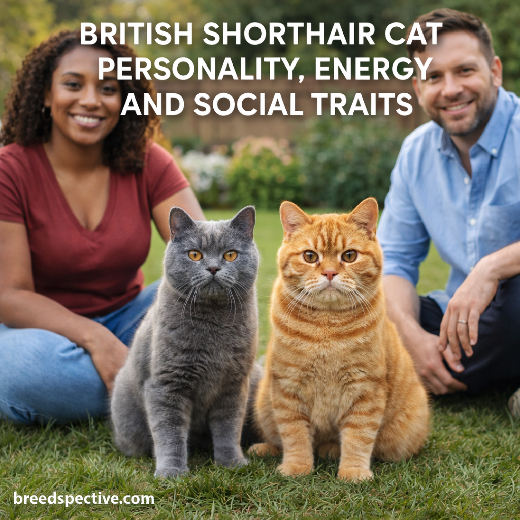 British Shorthair cats with owners outdoors, illustrating calm personality, moderate energy level, and social traits.