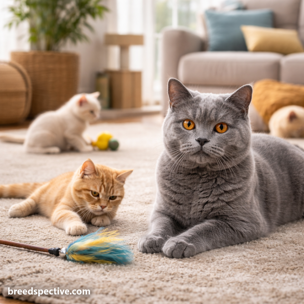 British Shorthair cats of different ages calmly playing indoors, showing gentle play style and moderate energy level.