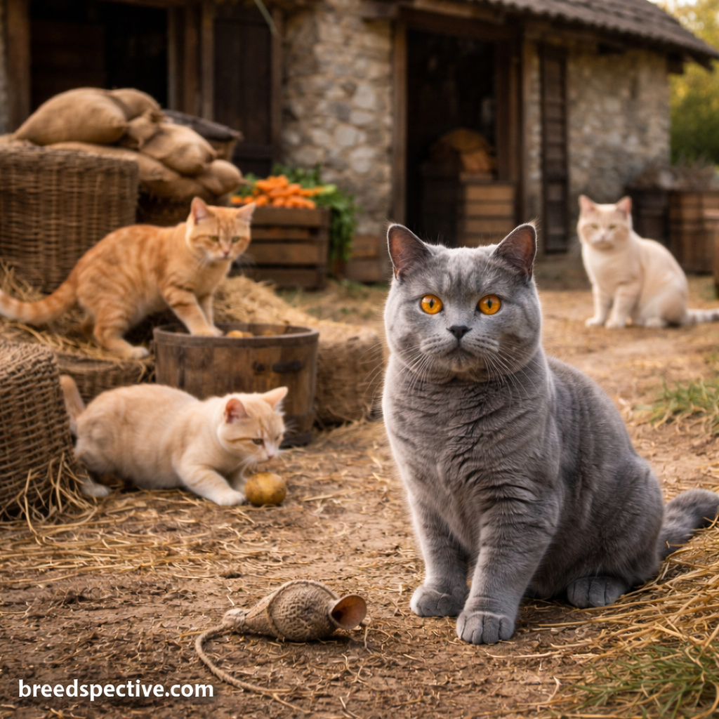 British Shorthair cats of different ages in a rustic farm setting, representing early working origins of the breed.