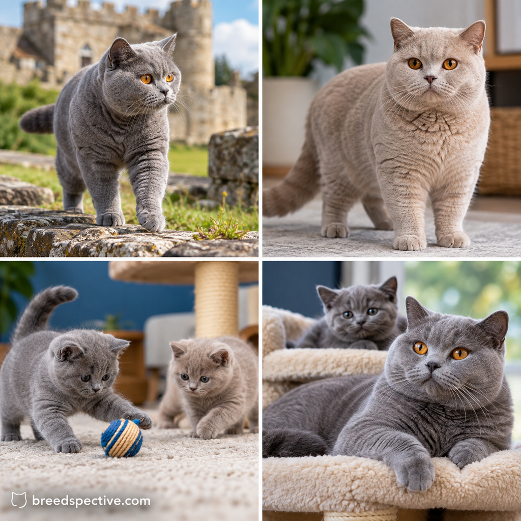 British Shorthair cats showing the breed’s sturdy build, British origins, playful kittens and calm adult personality.