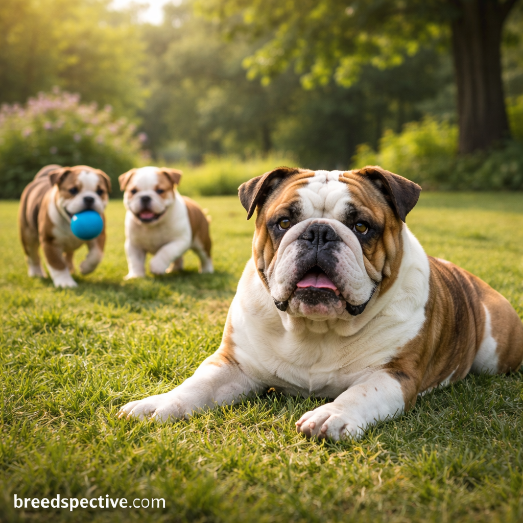 Adult Bulldog resting on grass with younger Bulldogs playing behind, showing behavioral development at different ages.