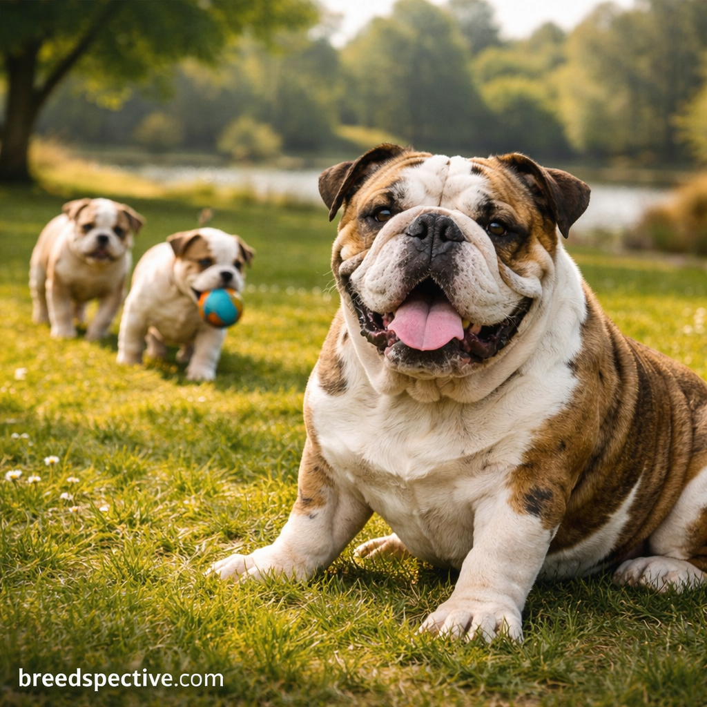 Adult Bulldog resting on grass with younger Bulldogs playing behind, showing breed development and temperament.