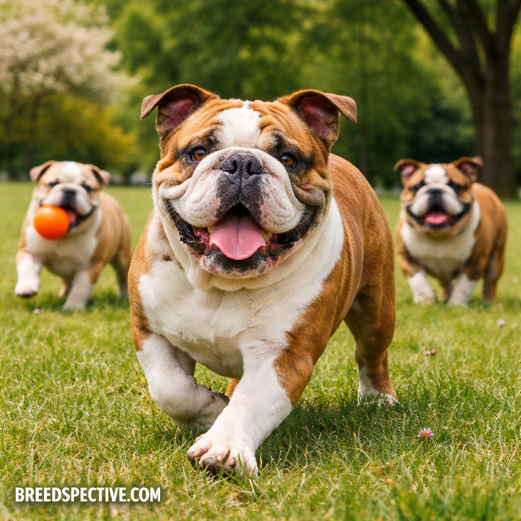 Adult Bulldog walking toward the camera with other Bulldogs of different ages playing in the background in a grassy park.
