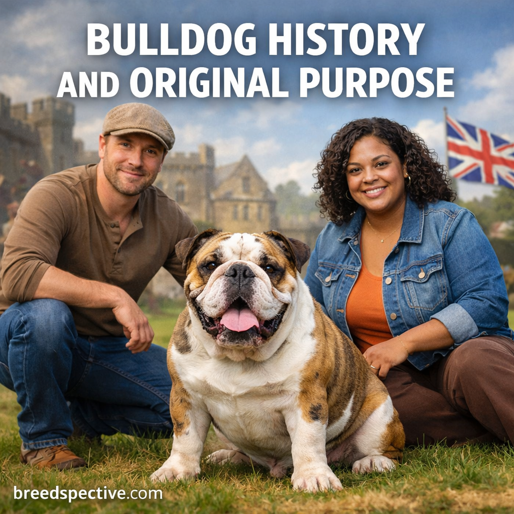 Bulldog sitting with two people illustrating the breed’s history and original working purpose.