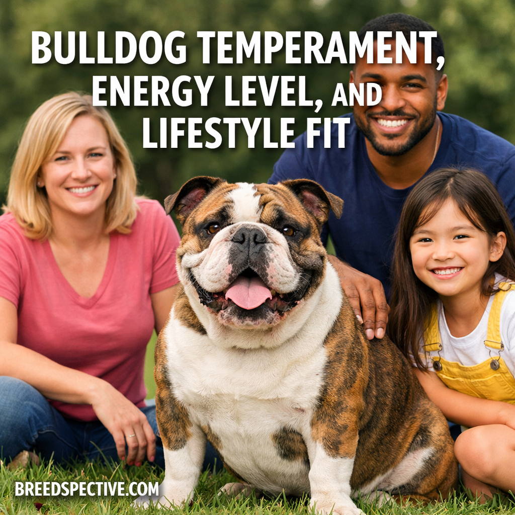 Bulldog sitting calmly with diverse owners in a park, representing Bulldog temperament, energy level, and lifestyle fit.