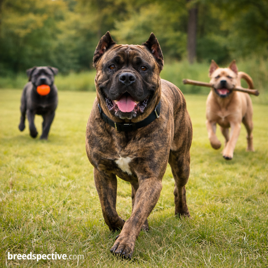 Cane Corso moving forward in a field with other Cane Corsos playing behind, showing energy and behavior patterns.