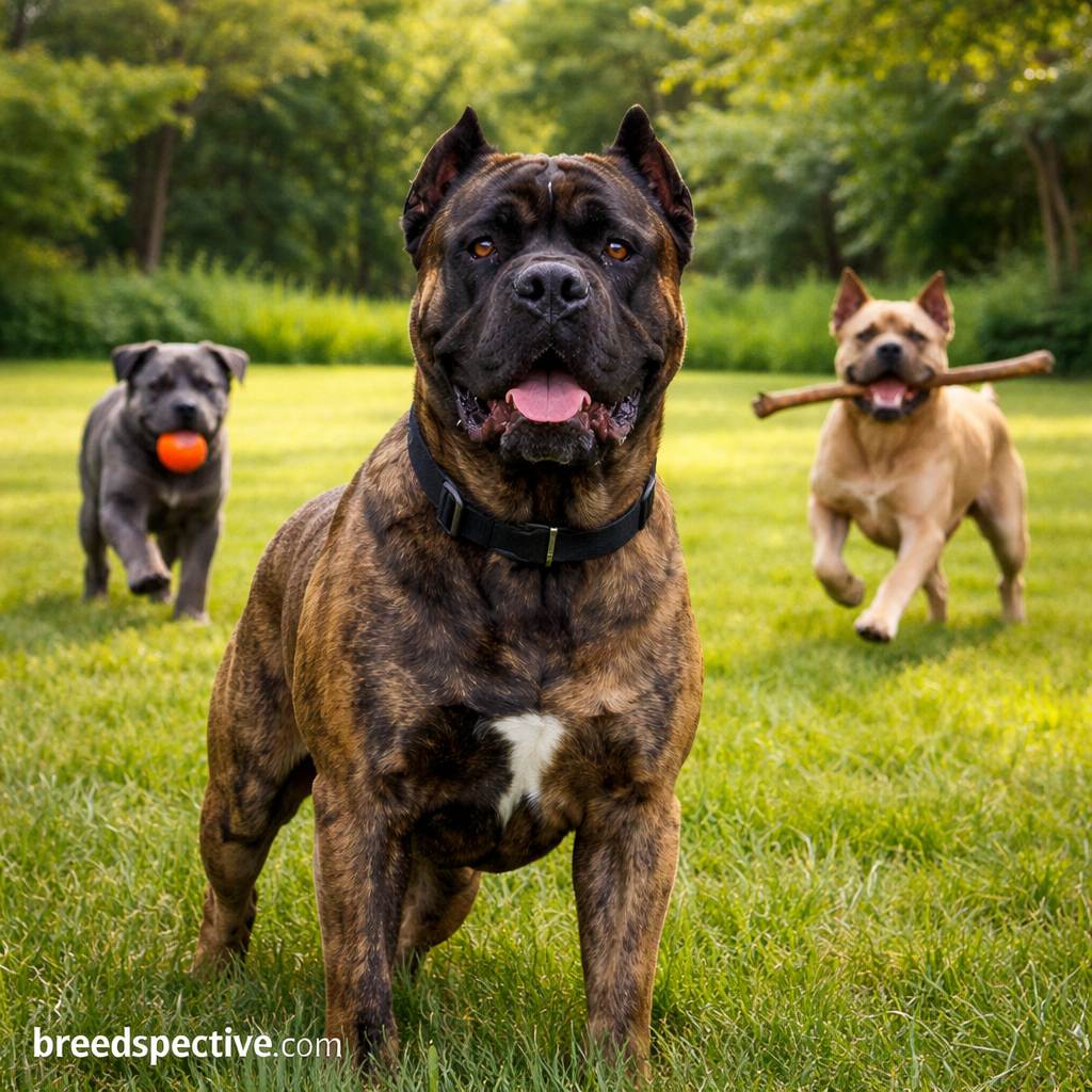 Cane Corso standing alert in a grassy field with younger Cane Corsos playing in the background.