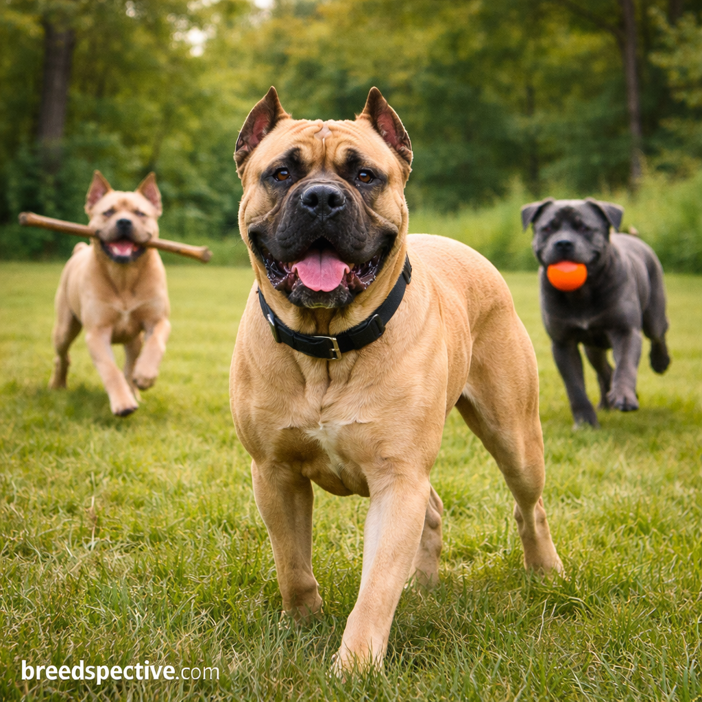 Multiple Cane Corsos of different ages showing the breed’s historical role as a strong, active working guardian. breedspective.com.