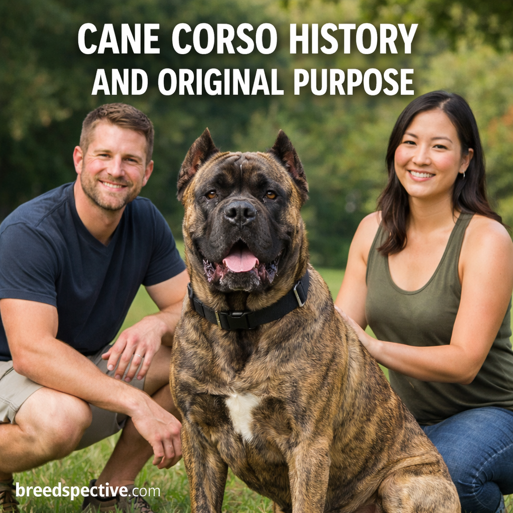 Cane Corso sitting with owners outdoors, representing the breed’s history and original purpose as a guardian dog.