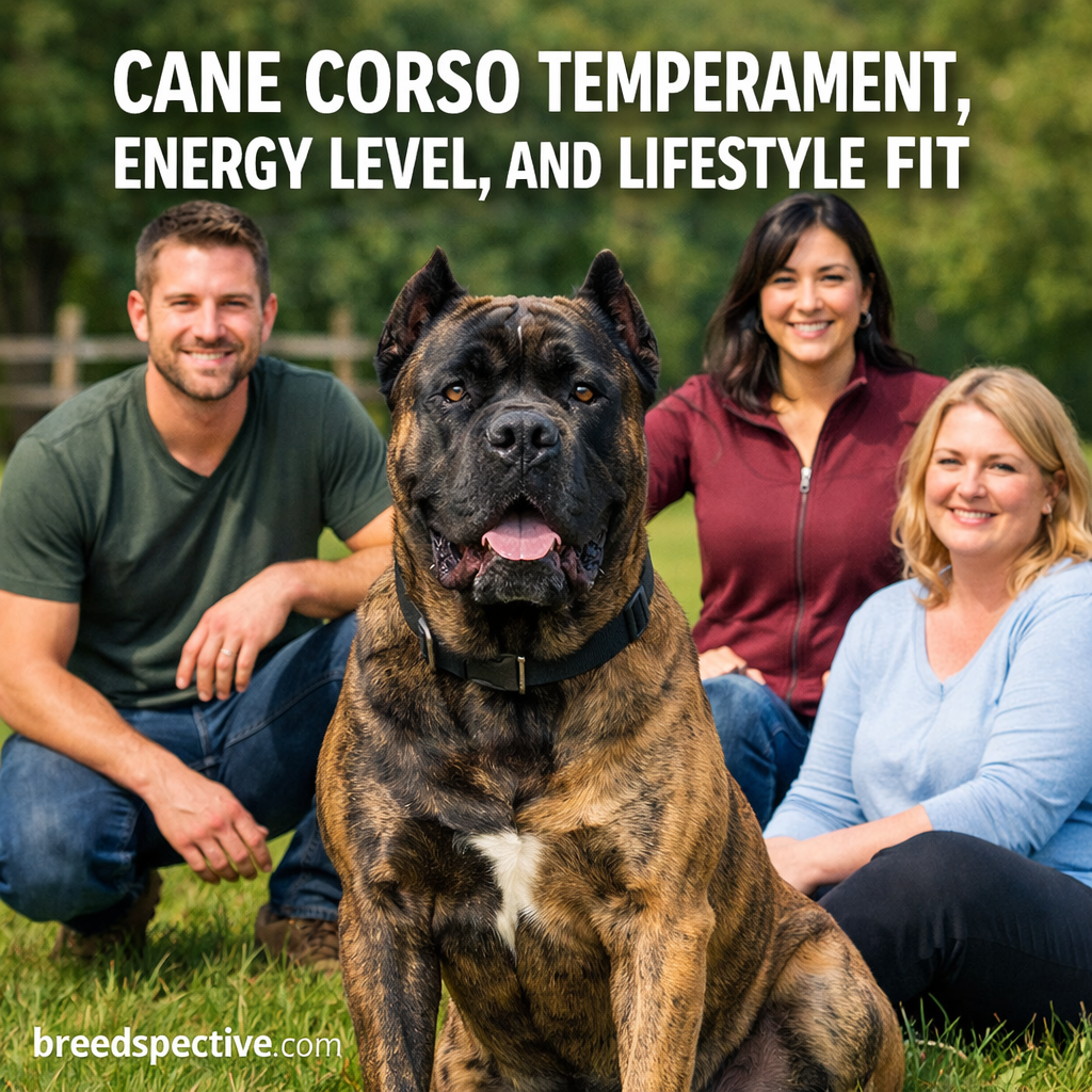 Cane Corso sitting outdoors with owners, showcasing temperament, energy level, and lifestyle fit.