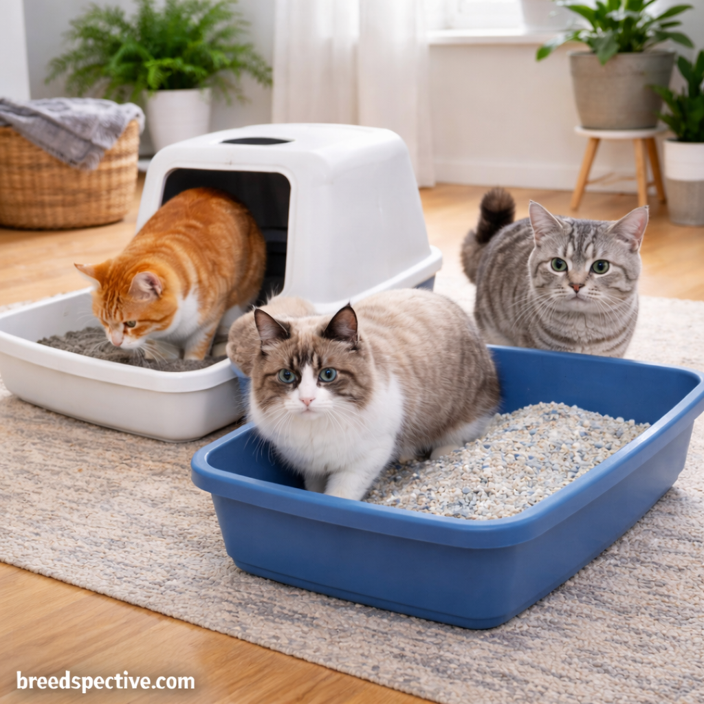 Cats of different breeds using open and covered litter boxes indoors, showing how litter box style preferences vary by breed.