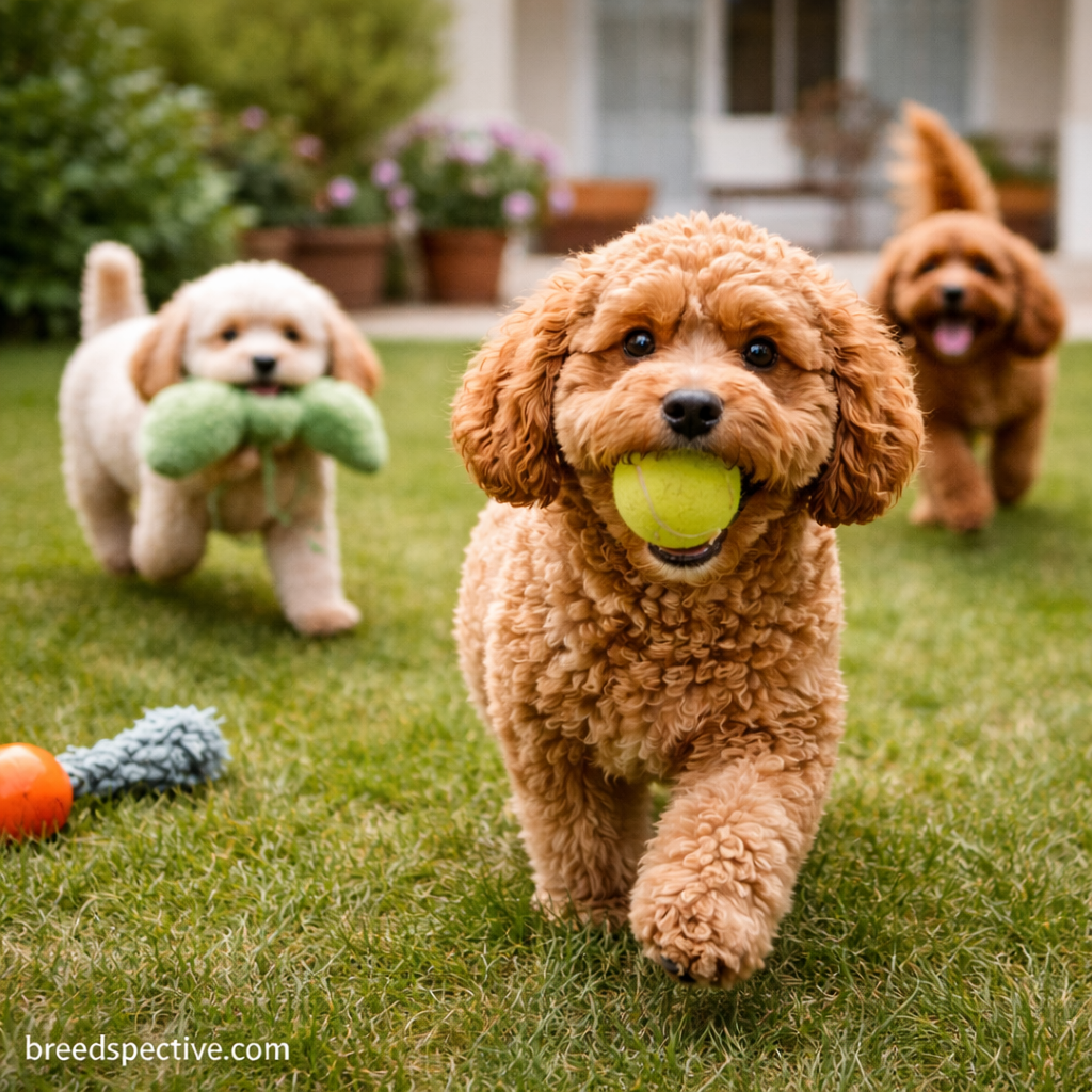 Cavapoo dogs of different ages playing fetch outdoors, showing playful and social behavior traits.