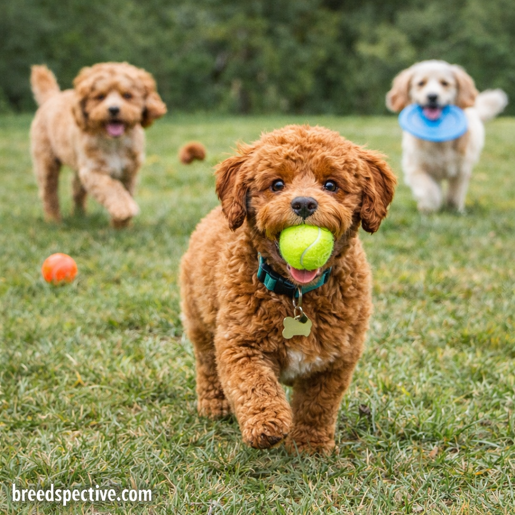 Cavapoo dogs of different ages playing outdoors, showing gentle temperament and family-friendly behavior.