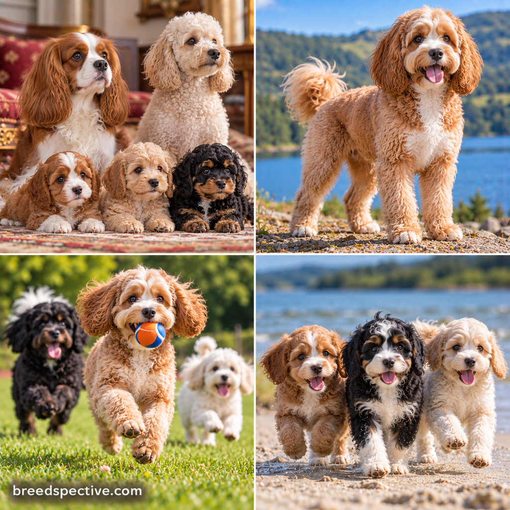 Cavapoos of different colors and ages displaying their small companion-dog build, playing fetch, running outdoors, and interacting together.