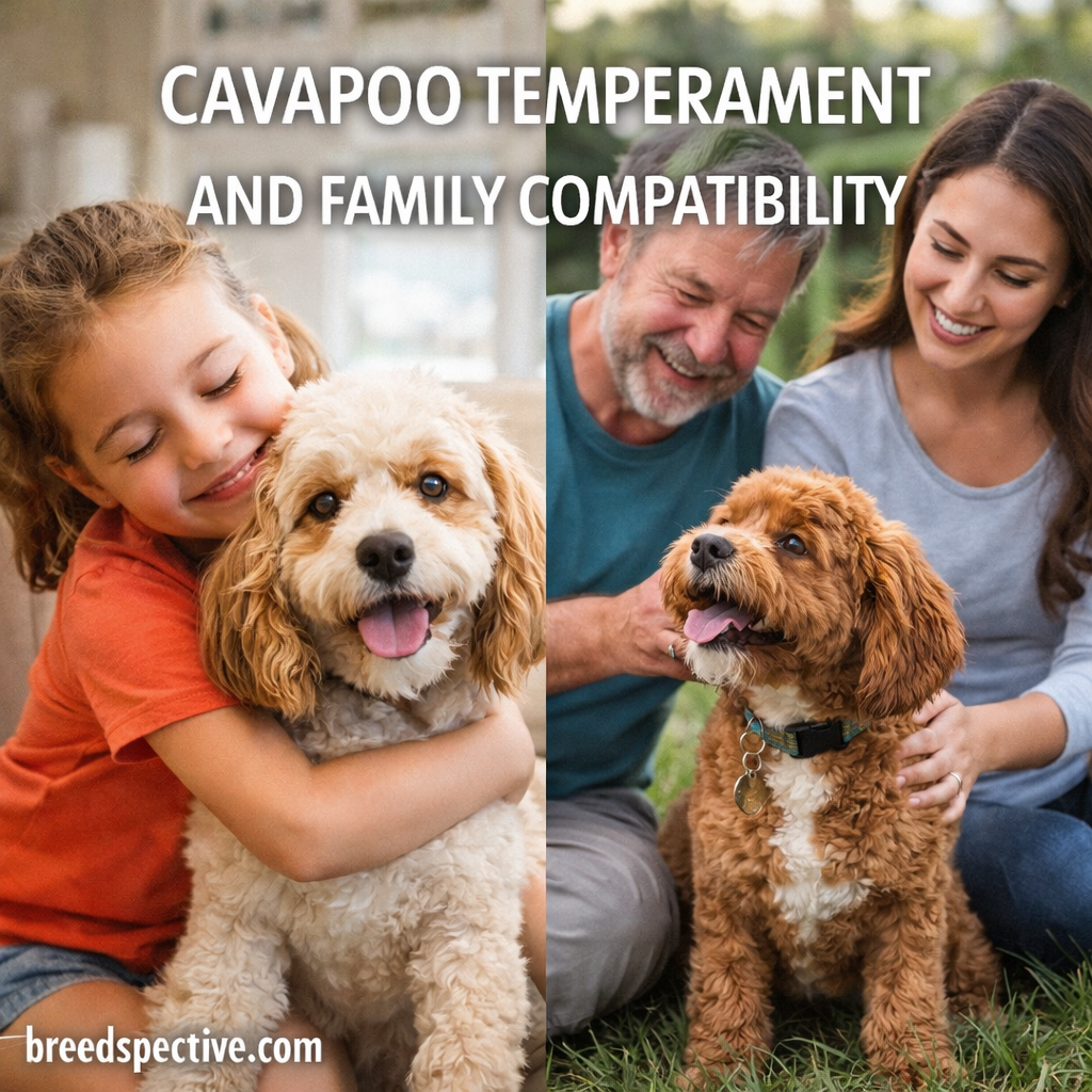 Cavapoo interacting with family members, showing affectionate temperament and family-friendly compatibility.
