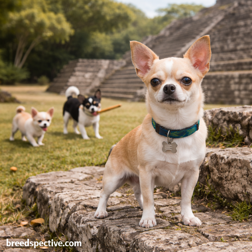 Adult Chihuahua standing on stone steps while younger Chihuahuas play near ancient ruins in the background.