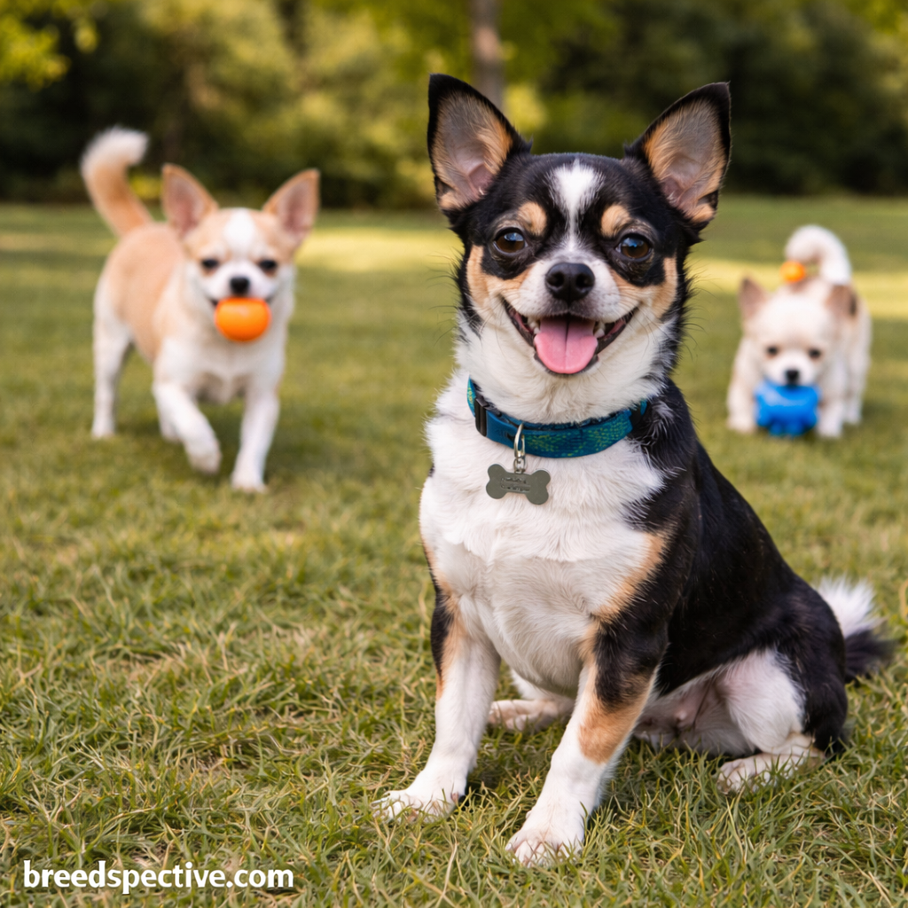 Adult Chihuahua sitting in a grassy park while younger Chihuahuas play and chase toys in the background.