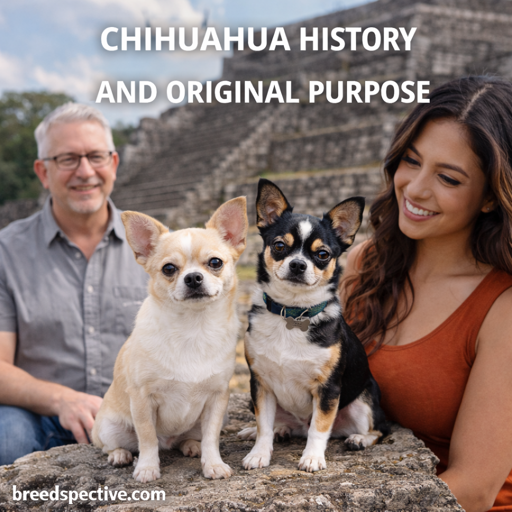 Chihuahuas sitting in front of ancient Mesoamerican ruins with owners nearby, representing the breed’s historical origins and original companion purpose.
