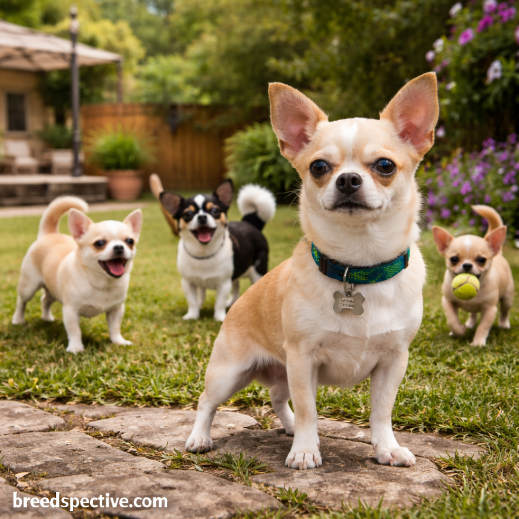 Alert adult Chihuahua standing in a backyard while other Chihuahuas bark and play in the background.