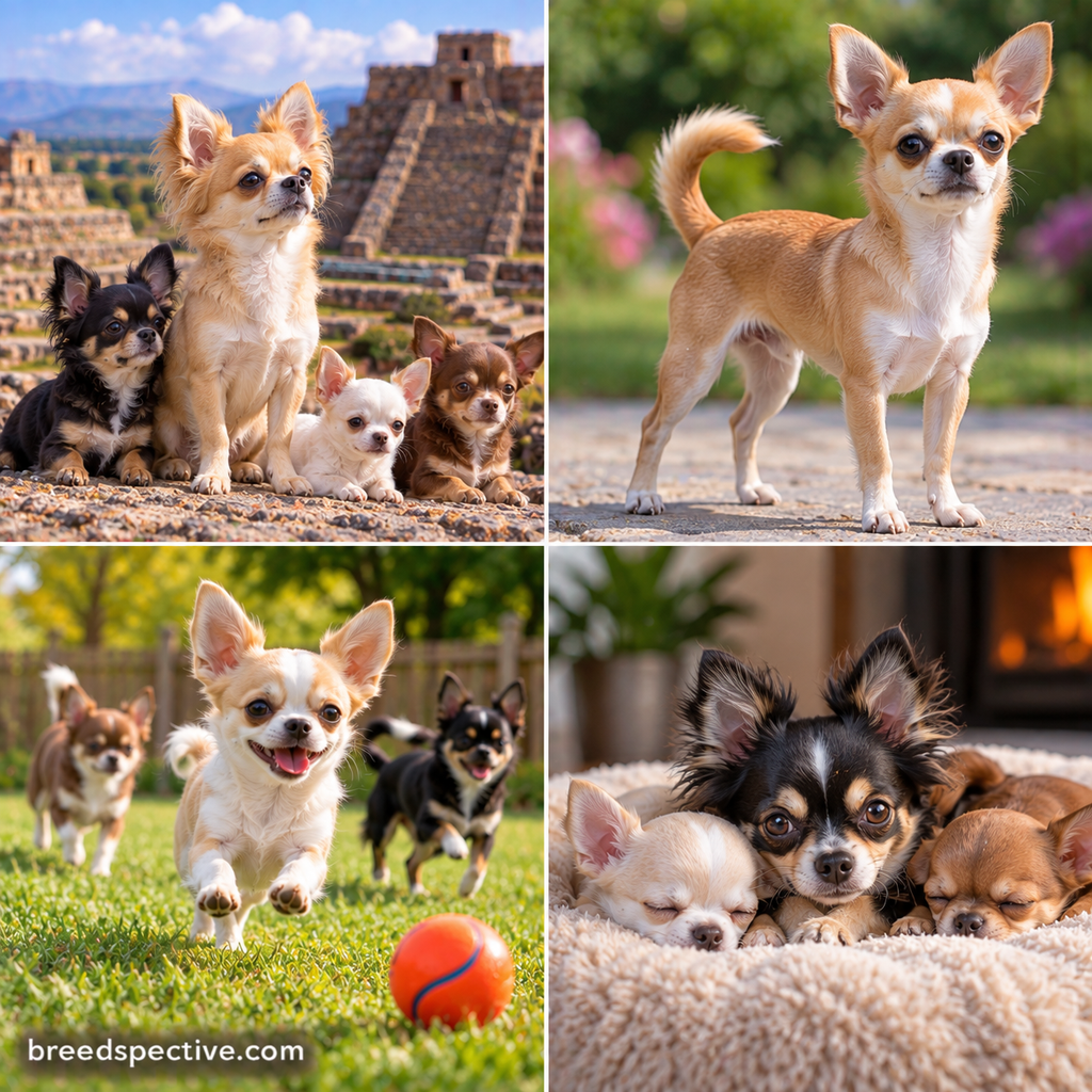 Chihuahuas of different colors and ages near Mexican ruins, displaying their tiny build, running, playing fetch, and relaxing together.
