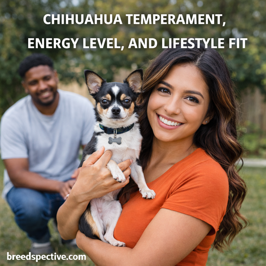 Chihuahua being held by its owner outdoors, illustrating the breed’s confident temperament, moderate energy level, and close companion lifestyle.