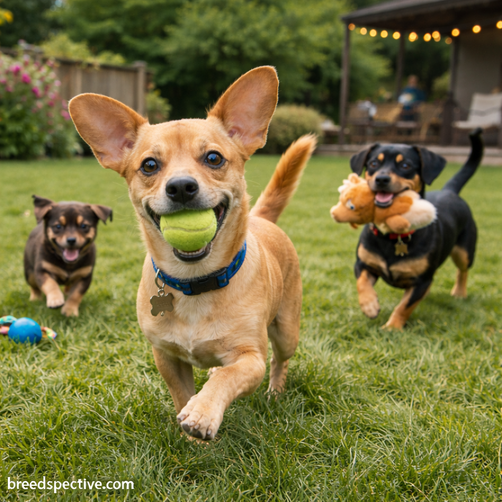 Chiweenie dogs of different ages playing outdoors with toys, showing common behavior traits such as alertness, curiosity, and playful energy.