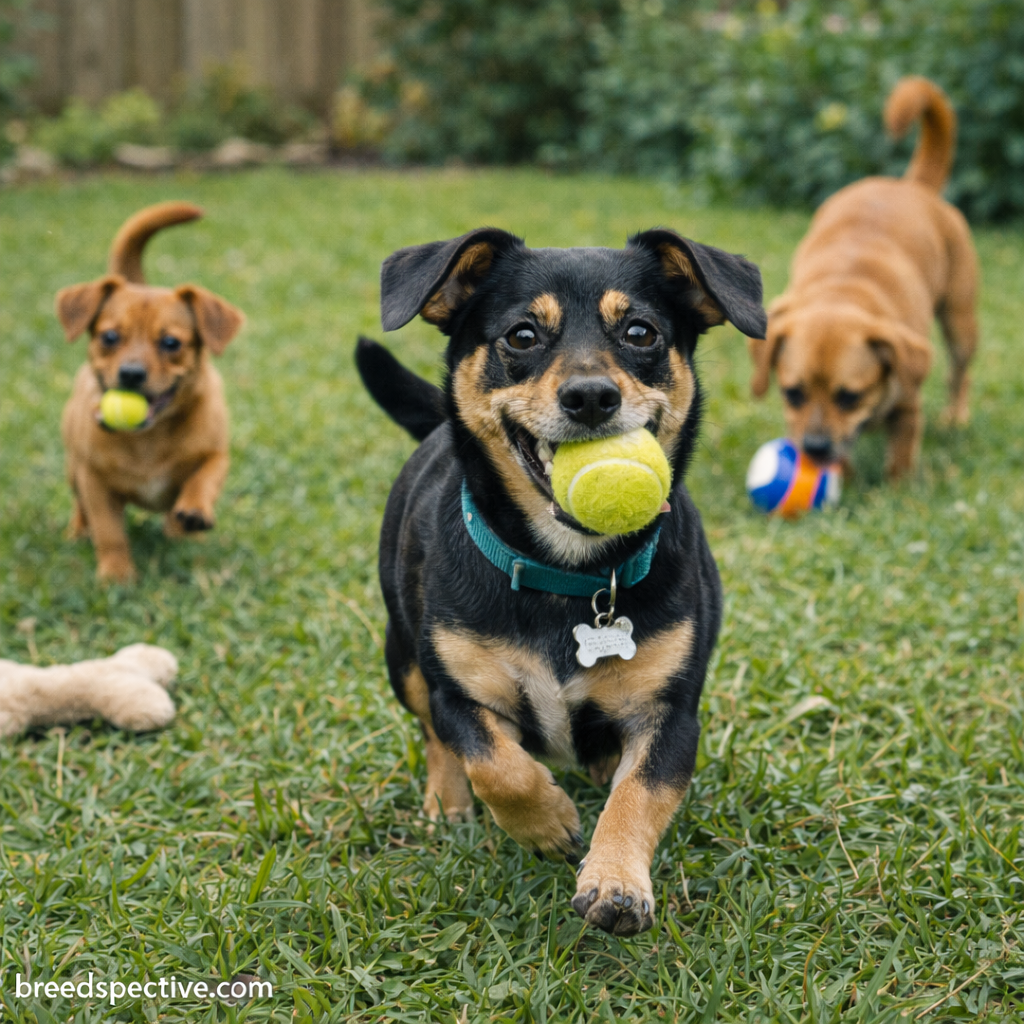 Chiweenies of different ages playing outdoors, showing moderate exercise needs and active play behavior.