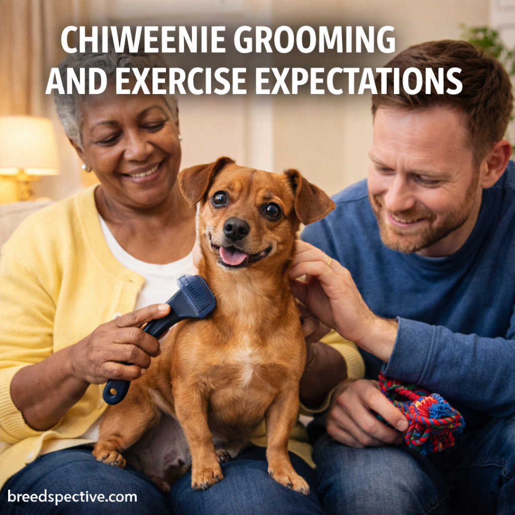 Chiweenie being gently brushed indoors with adults nearby, illustrating grooming care and exercise expectations.