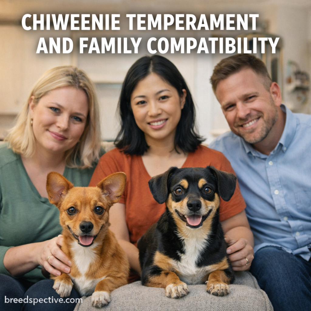 Chiweenie dogs sitting with adults in a home setting, representing temperament and family compatibility.
