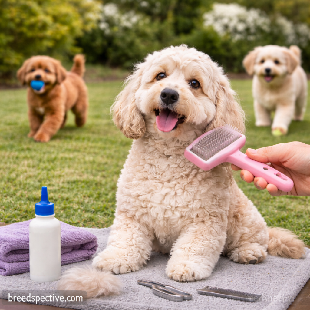 Cockapoo being brushed outdoors while other Cockapoos of different ages play in the background, showing regular coat care needs.