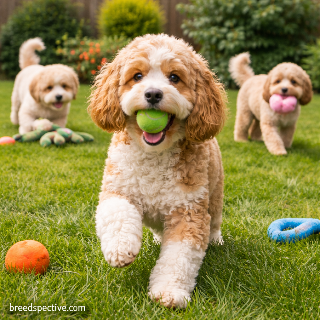 Cockapoos of different ages playing together in a grassy yard, showing the breed’s playful temperament and social nature.