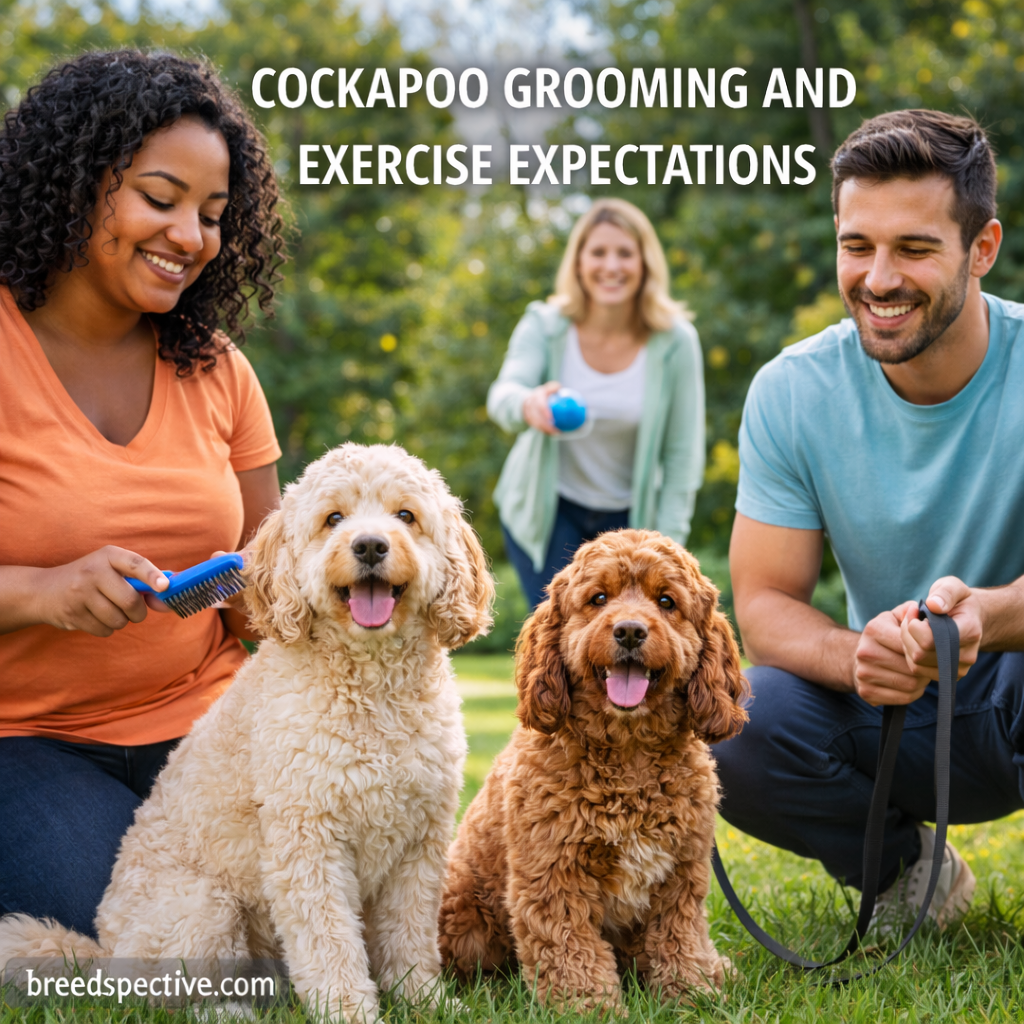Cockapoo dogs being groomed and exercised outdoors with owners, showing coat care routines and daily activity needs.