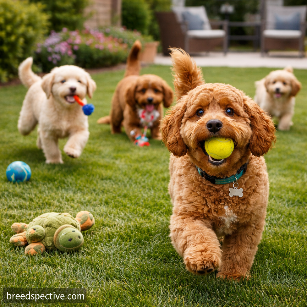Cockapoo dogs of different ages playing together outdoors, showing playful behavior and youthful energy common in the breed.