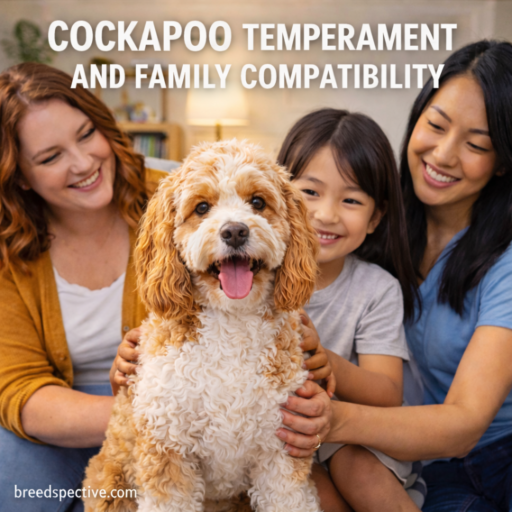 Cockapoo sitting with a diverse family including an Asian woman, showing the friendly temperament and family compatibility of the breed.