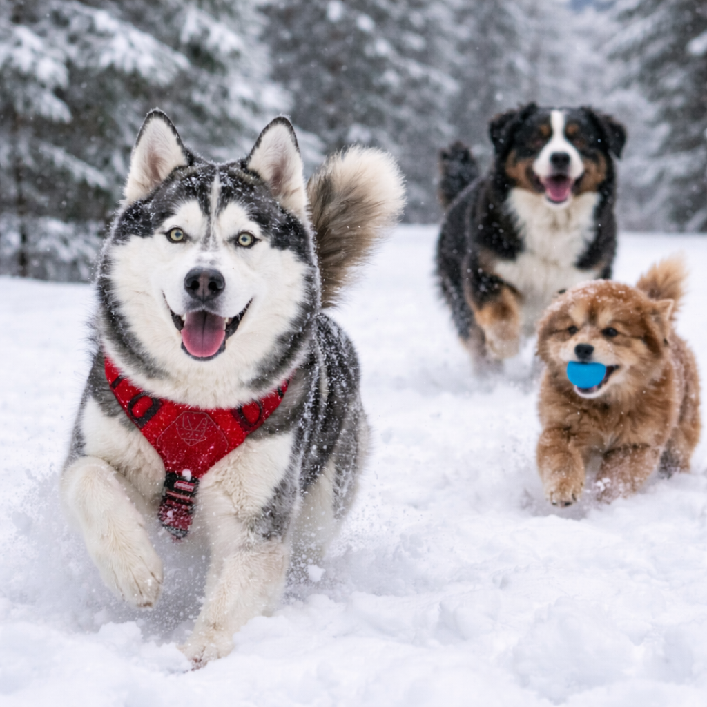 Cold-weather dog breeds of different ages playing in the snow, showing natural winter tolerance and thick coats.