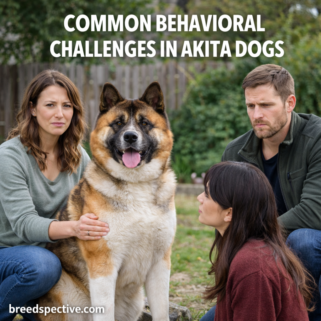 Akita dog with owners outdoors, illustrating common behavioral challenges such as independence, guarding instincts, and social boundaries.