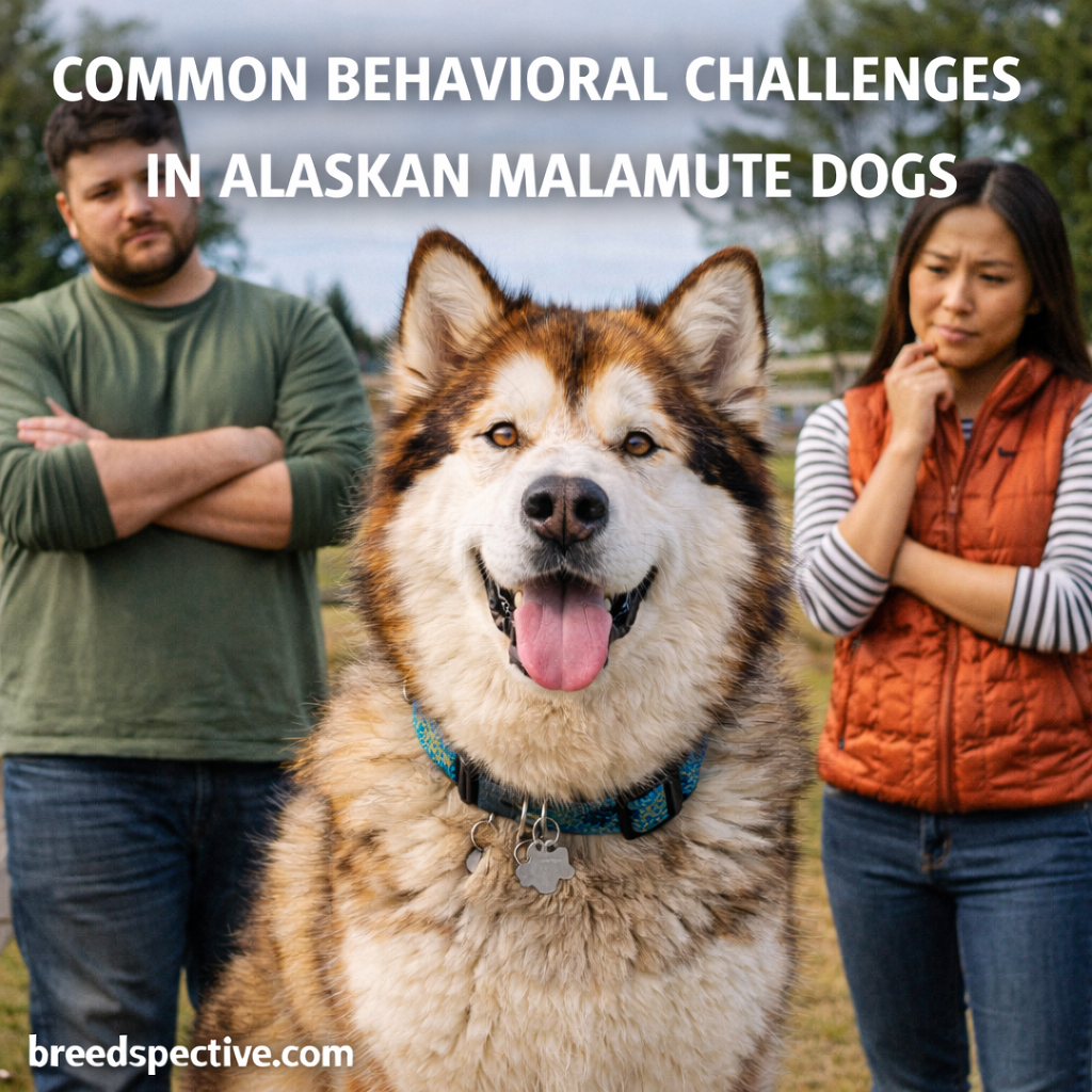 Alaskan Malamute sitting outdoors with owners nearby, illustrating common behavioral challenges such as independence, digging, and separation-related stress.