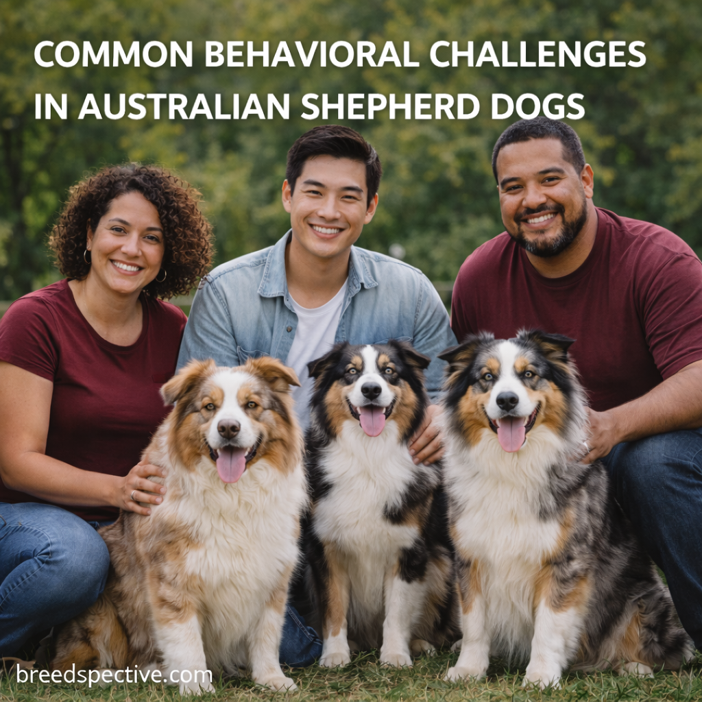 Australian Shepherd dogs with diverse owners outdoors, illustrating common behavioral challenges linked to intelligence, energy, and herding instincts.