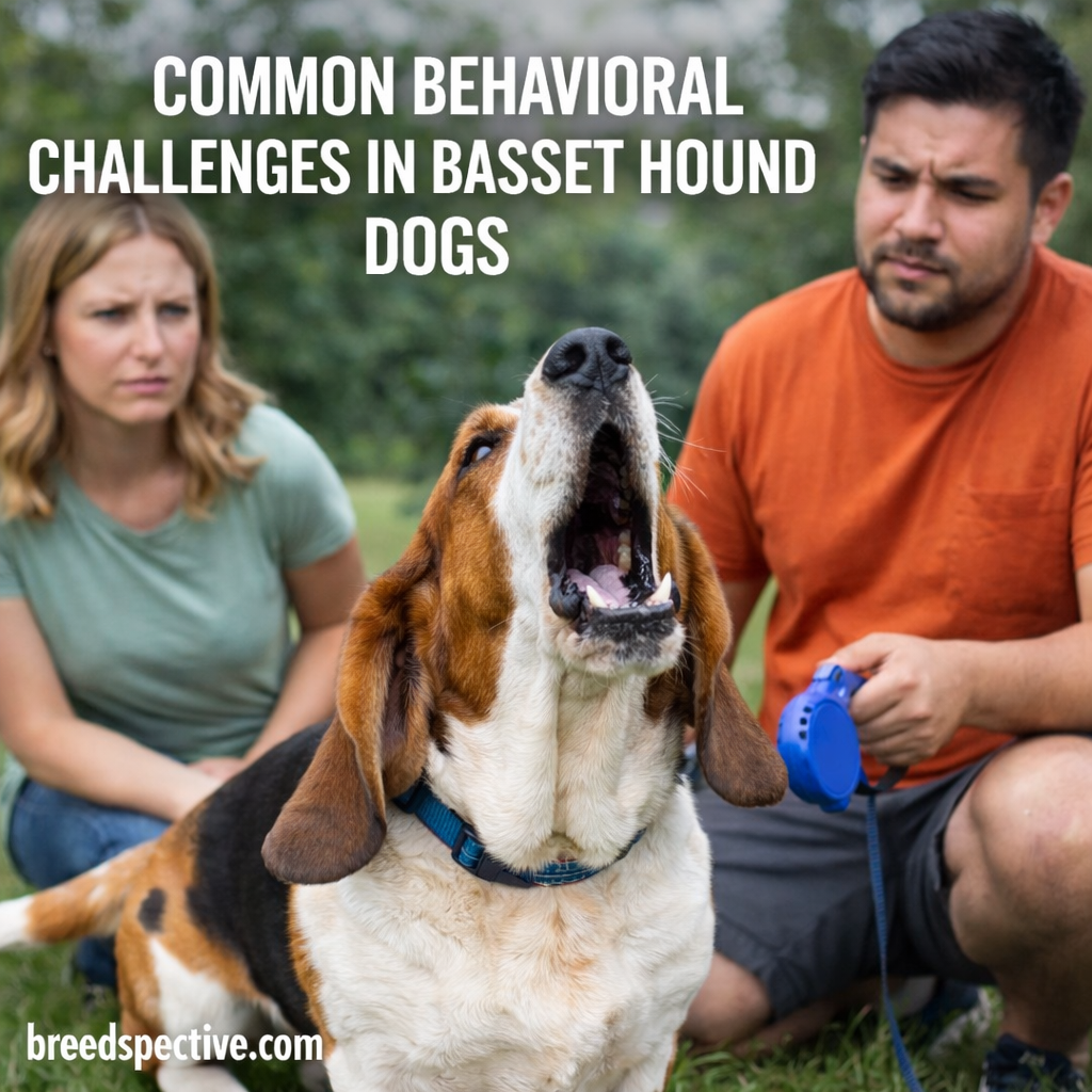 Basset Hound howling outdoors with people nearby, illustrating common behavioral challenges in the breed.