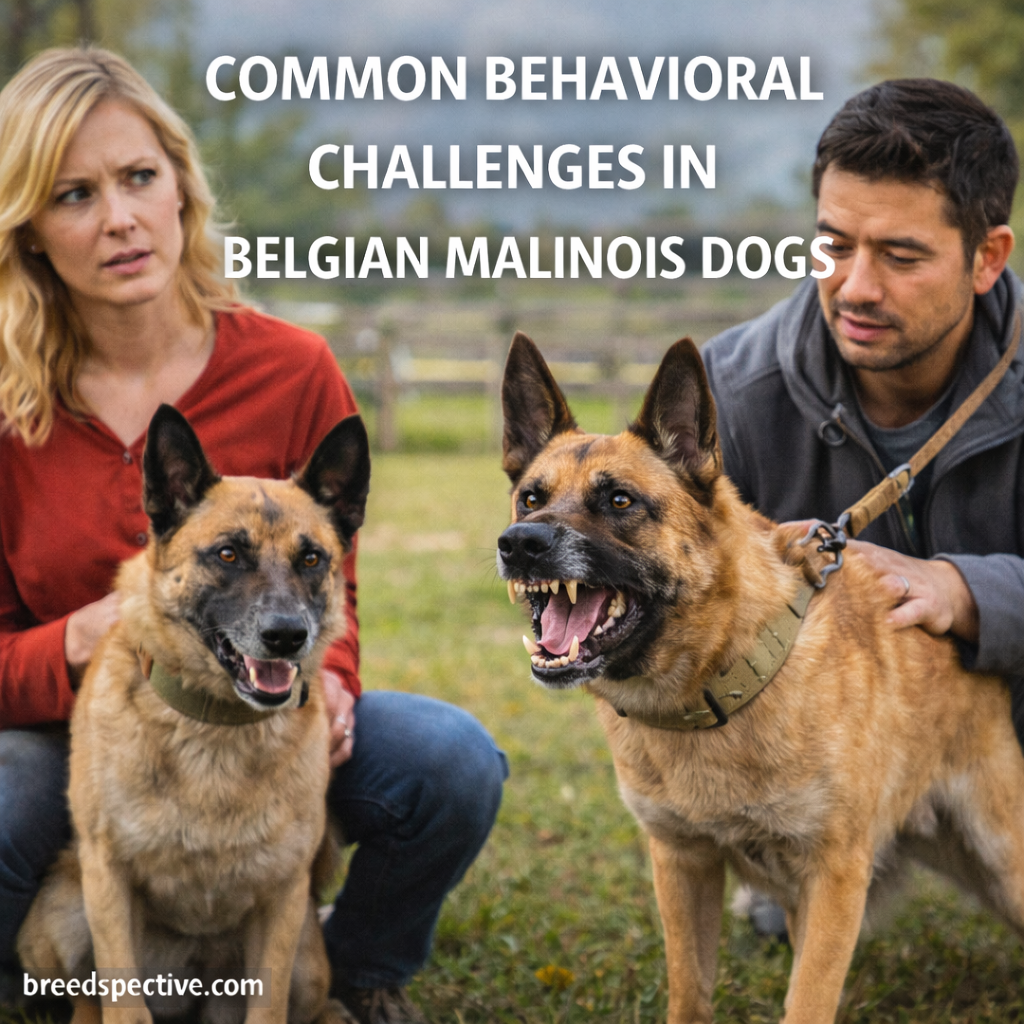 Belgian Malinois dogs with handlers outdoors, illustrating common behavioral challenges such as reactivity and high intensity.