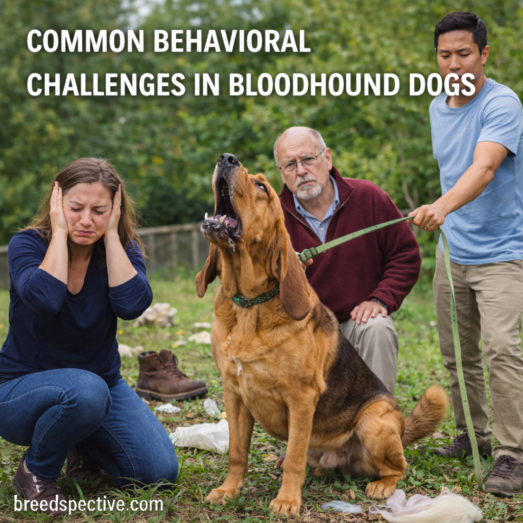 Bloodhound displaying common behavioral challenges such as vocalization, leash pulling, and scent-driven distraction with owners nearby.