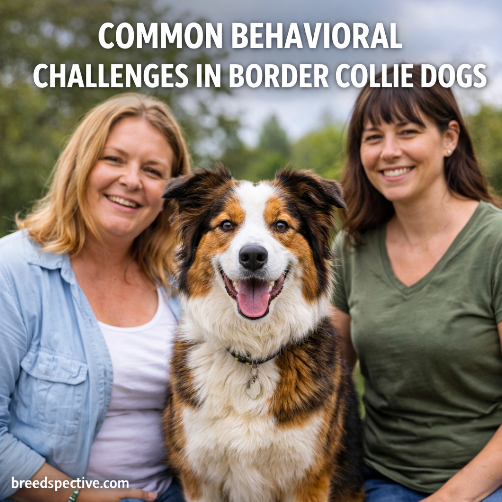 Border Collie with owners outdoors, representing common behavioral challenges in the breed.